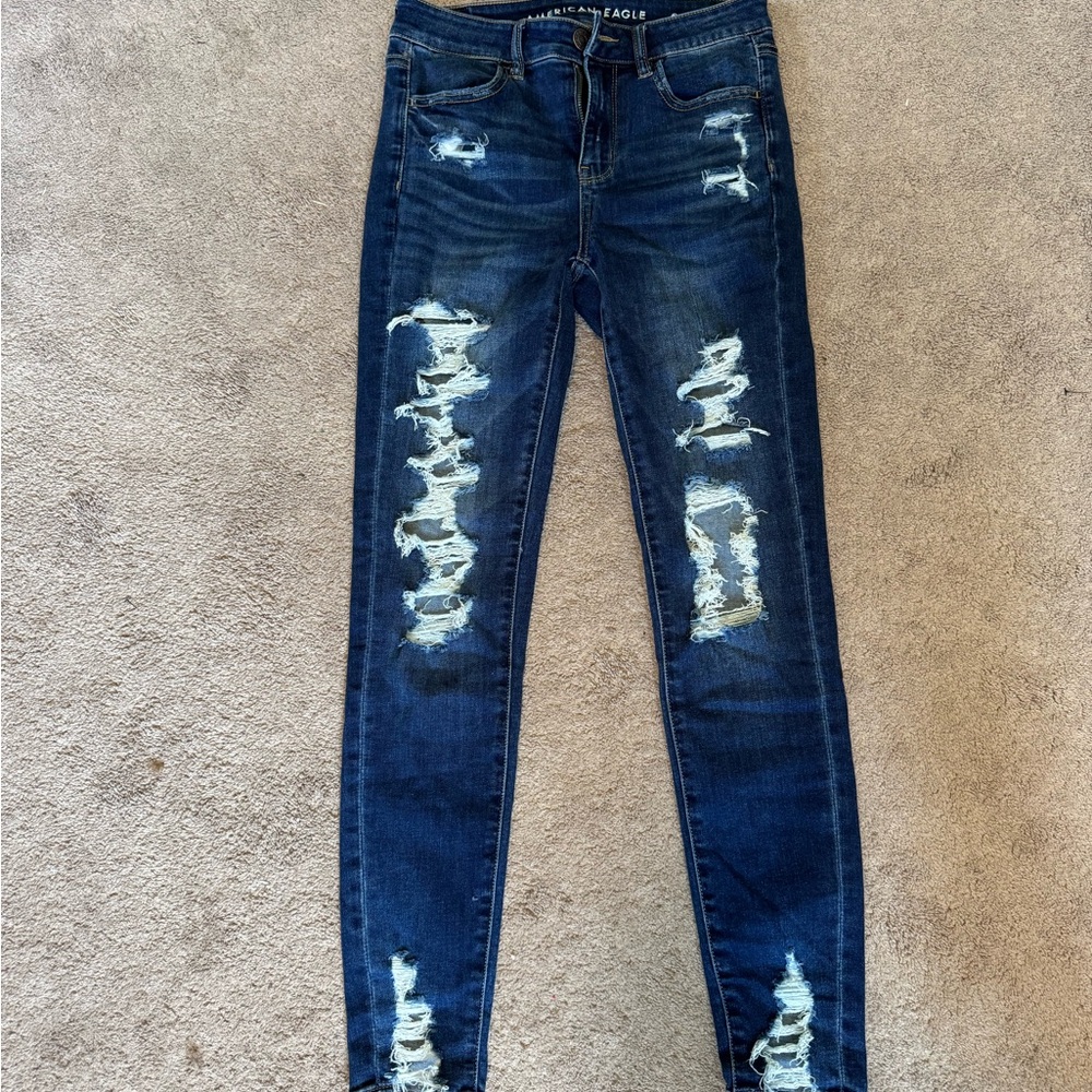 American Eagle Outfitters Women's Dark Blue Distressed Skinny Jeans